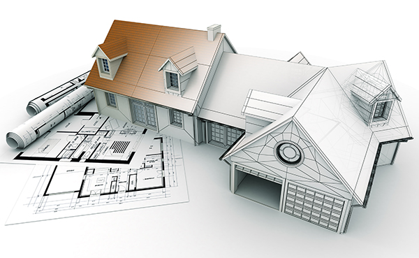 Virtual Exterior Design 3D rendering of a house project on top of blueprints, showing different design stages